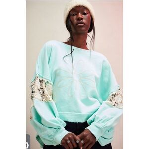 TRICIA FIX Relaxed Vintage Wash Flower Patched Sweatshirt XL Teal Green NWOT